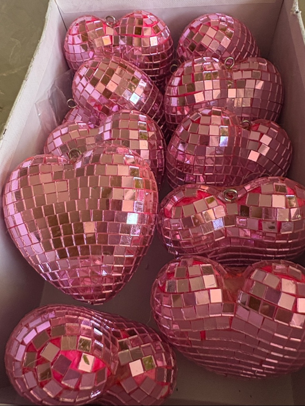 Pink Mirrored Heart Ornaments Set of 10